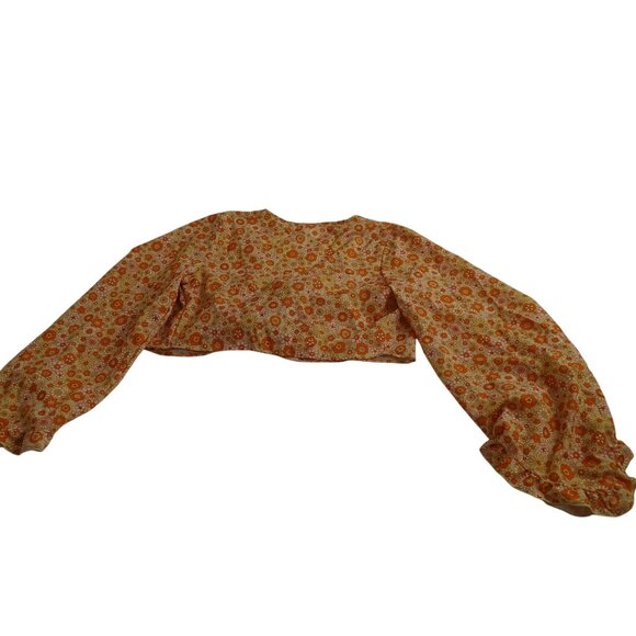 Floral Tie-Front Wide Sleeve Crop Cover-Up Jacket Women Size L Orange Retro Fall - Picture 4 of 11